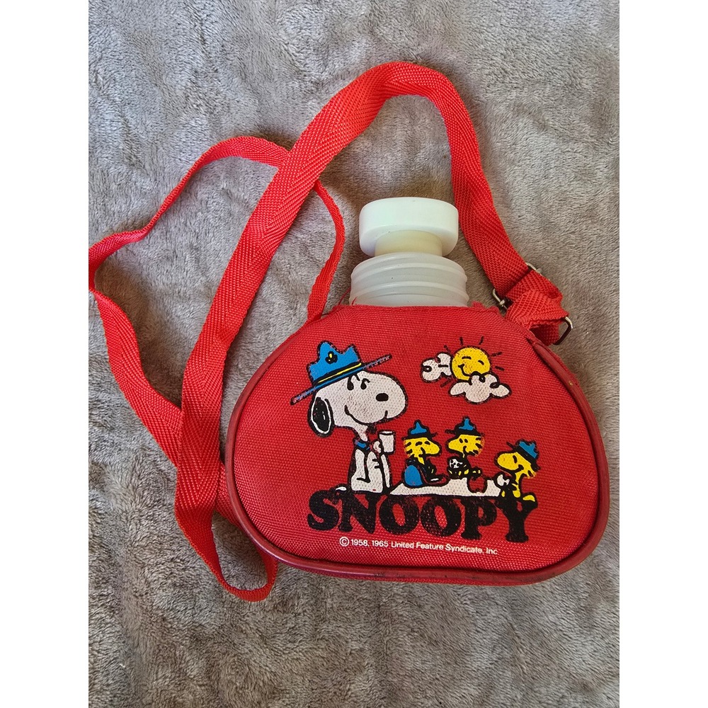 Vintage Snoopy Peanuts Red Canteen Water Bottle Woodstock Scout Graphic ARC